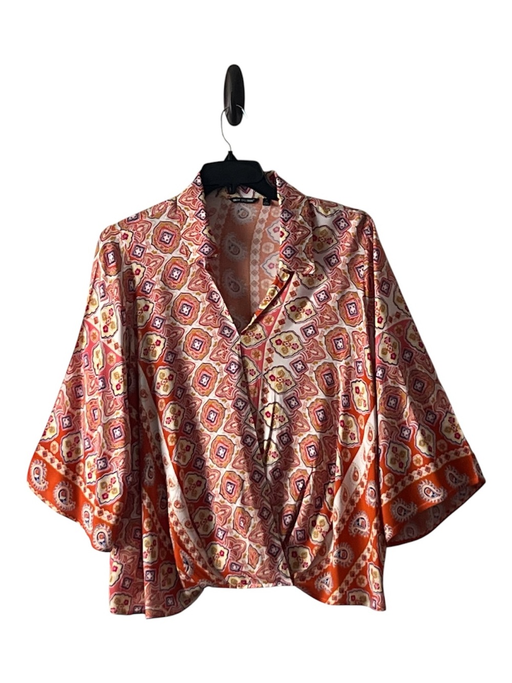Unique Spectrum Satin Button-Front Blouse in Coral, Cream , Red Accents, Size IX